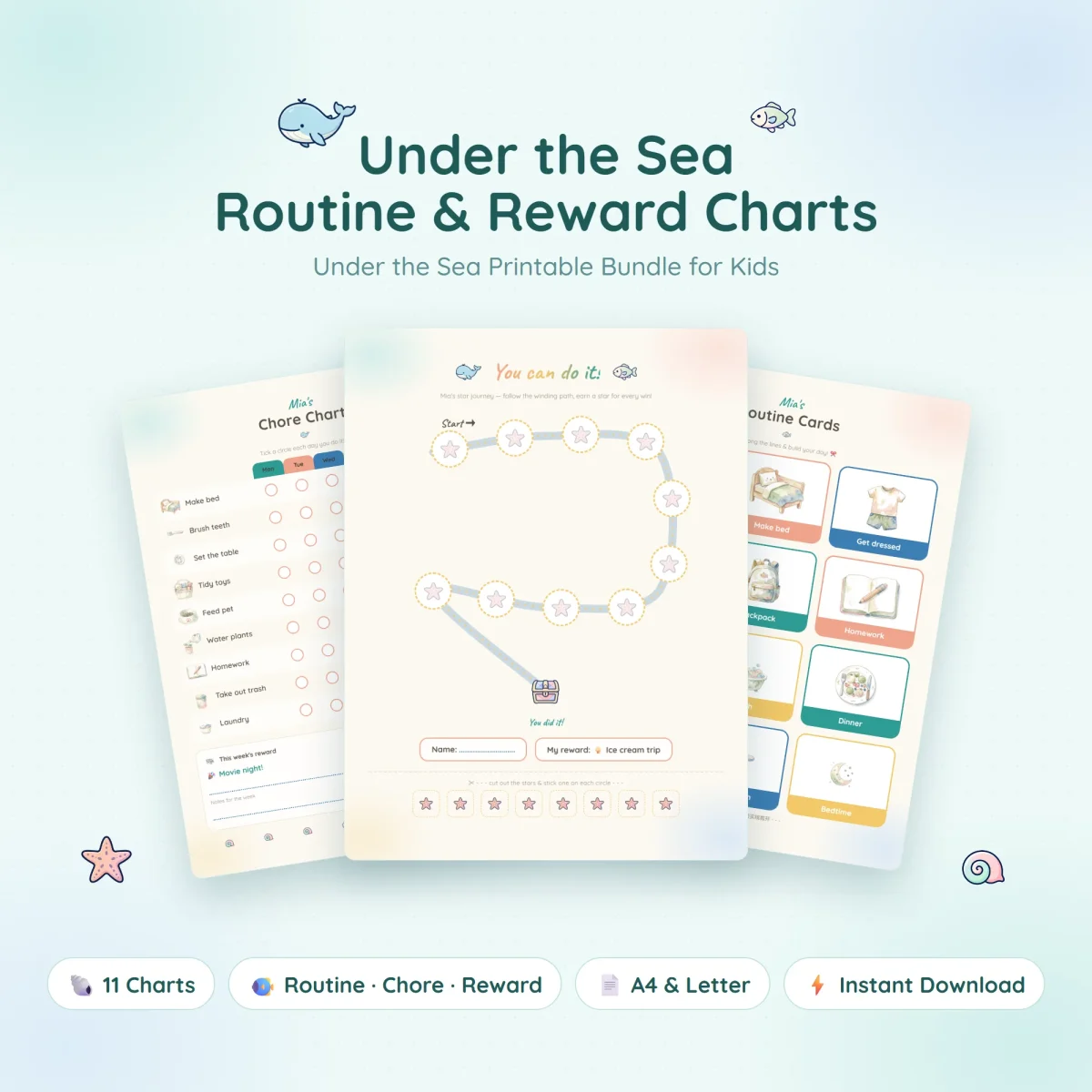 Under the Sea routine and reward charts with a star path ending at a treasure chest, a chore chart and watercolor routine cards