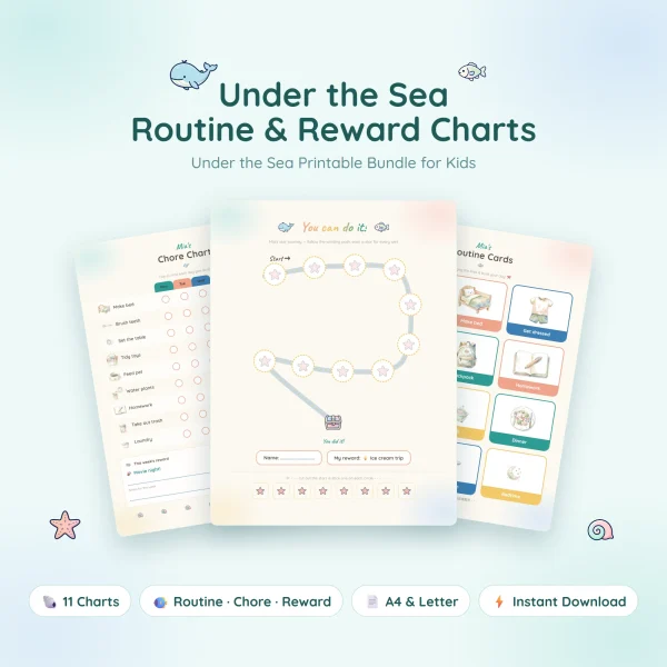 Under the Sea routine and reward charts with a star path ending at a treasure chest, a chore chart and watercolor routine cards