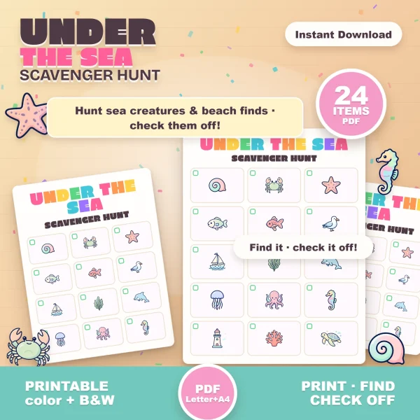 Under the Sea scavenger hunt page with pastel pictures of a seashell, crab, starfish, jellyfish, octopus, lighthouse, coral and sea turtle, marked 24 items