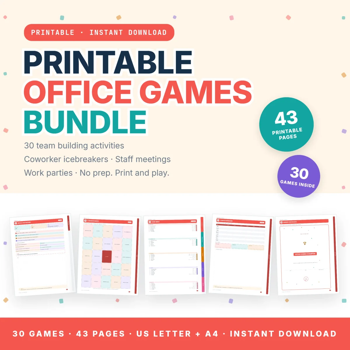 Printable Office Games Bundle cover marked 43 pages and 30 games, above a Would You Rather page, coworker bingo, game index, team scoreboard and winner certificate