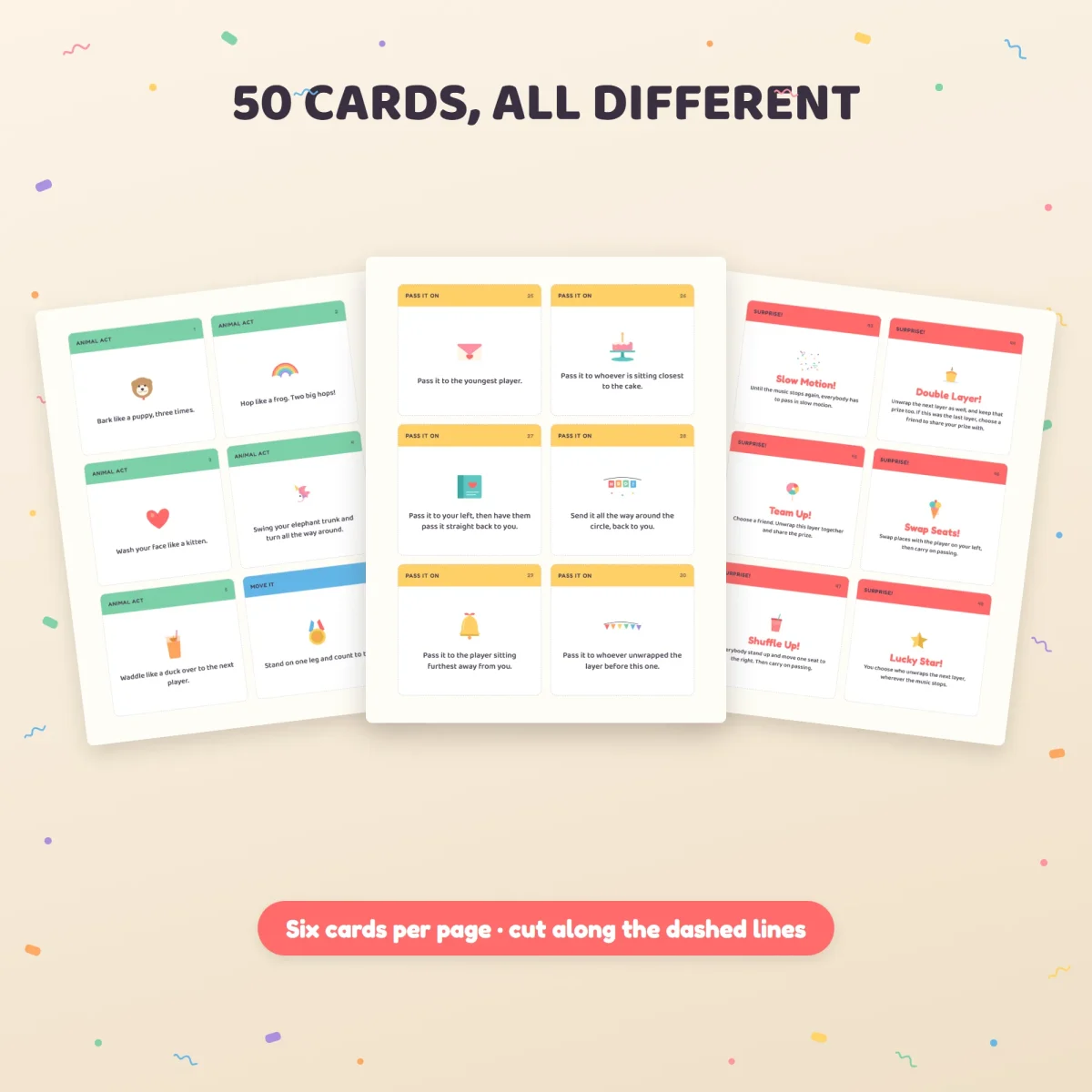 Three sheets of pass the parcel cards fanned out, showing Animal Act, Pass It On and Surprise cards with dashed cut lines