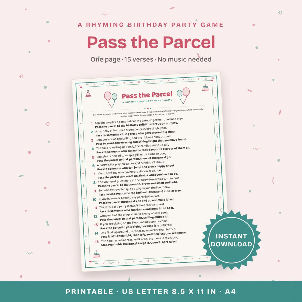 The Pass the Parcel poem page with fifteen numbered verses, framed by balloons, a party hat and a birthday cake