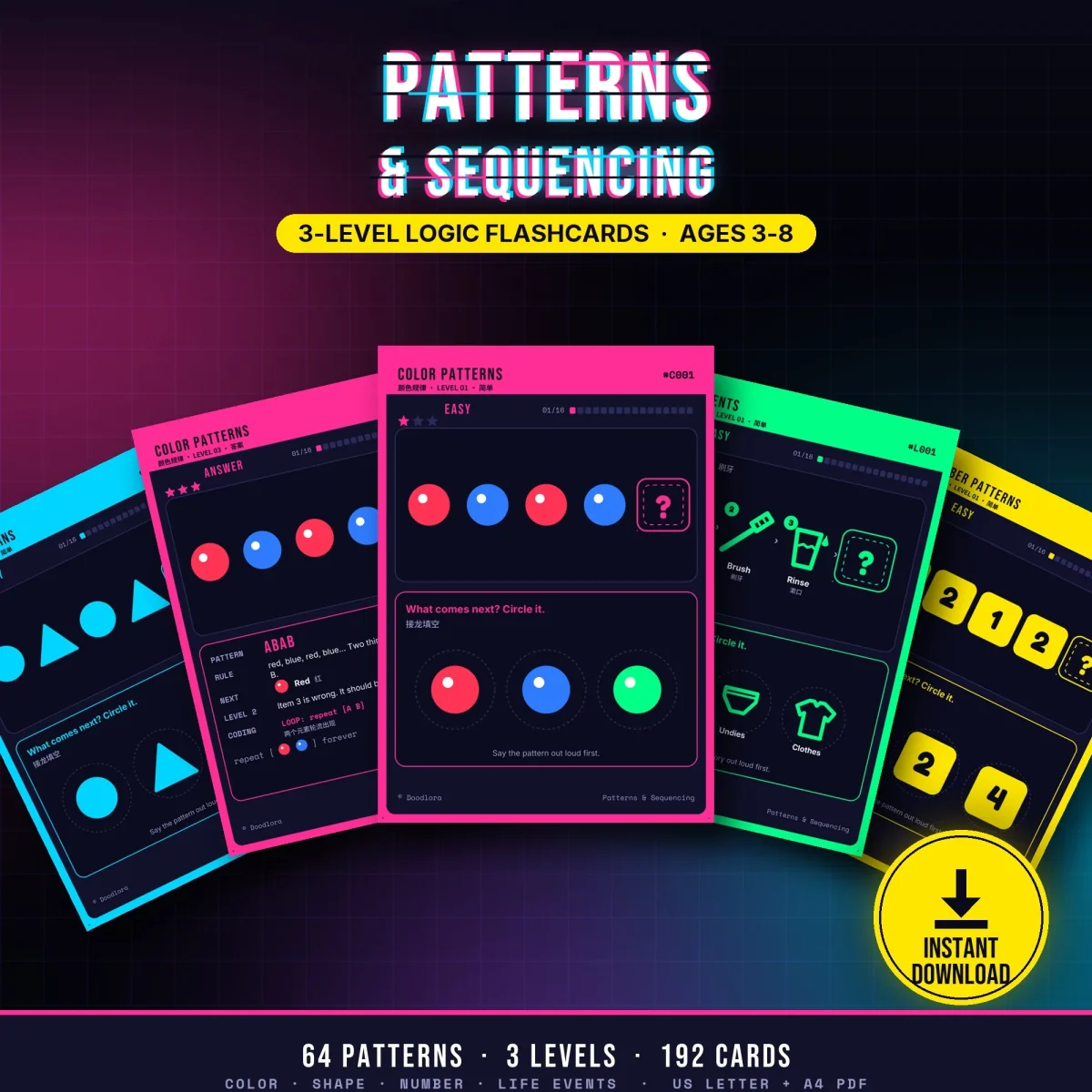 Patterns and Sequencing cover with fanned neon cards for colors, shapes, numbers and brushing teeth on a dark background