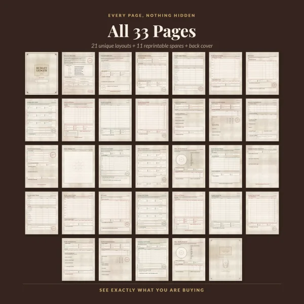 All 33 pages of the budget ledger in five rows on a dark brown background