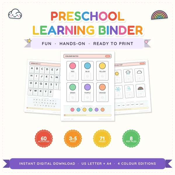 Preschool Learning Binder title above color match, uppercase A to Z and weather pages, with badges for 60 activities, ages 3 to 5, 71 pages and 8 PDF files