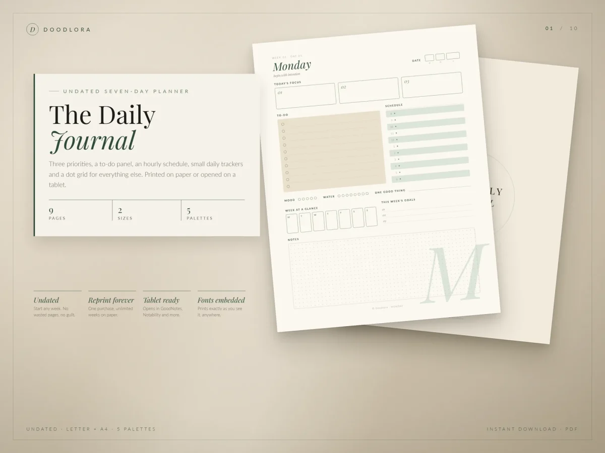 The Daily Journal Monday page in green and sand, next to a card listing 9 pages, 2 sizes and 5 palettes