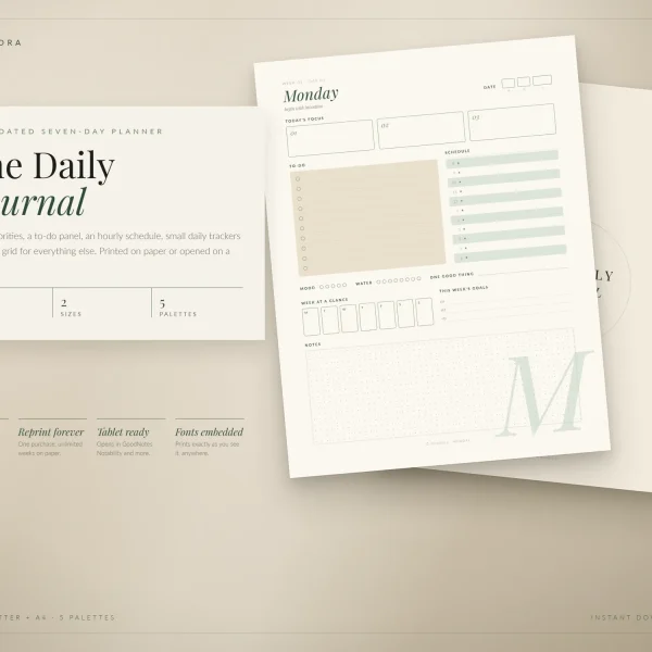 The Daily Journal Monday page in green and sand, next to a card listing 9 pages, 2 sizes and 5 palettes