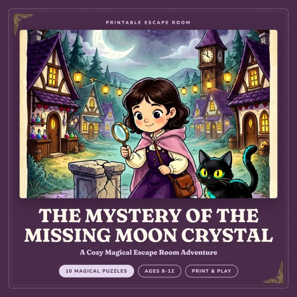 Cover art of a girl with a magnifying glass and a black cat beside an empty stone pedestal in a lantern-lit village, titled The Mystery of the Missing Moon Crystal