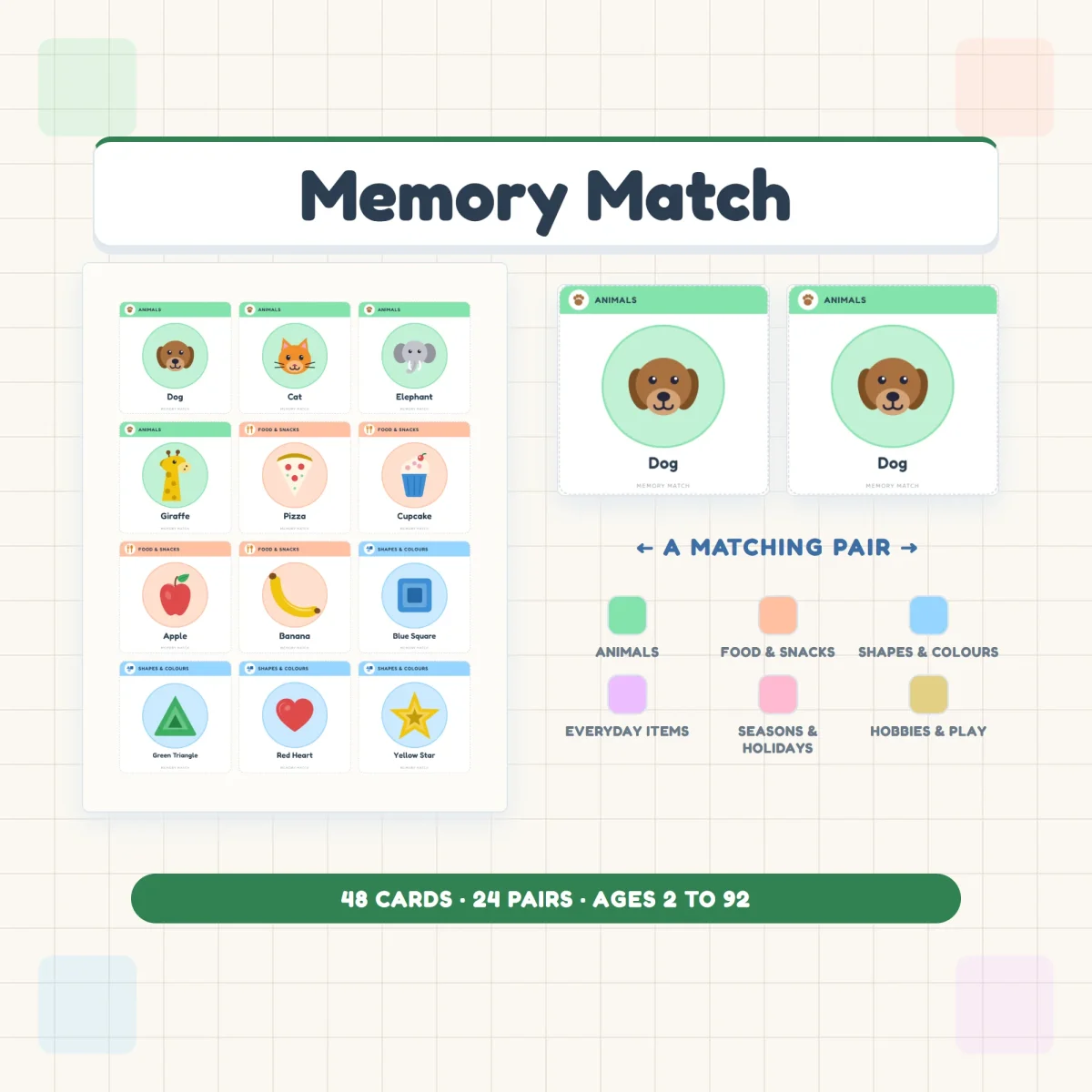 A Memory Match card sheet beside a matching pair of dog cards and six colored theme labels