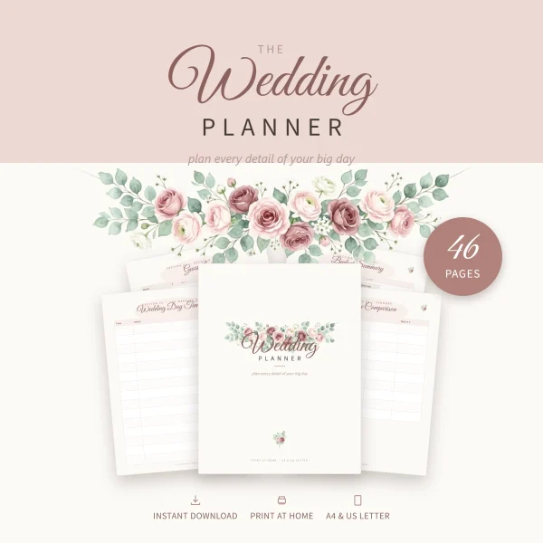 Wedding Planner cover with pink and burgundy roses and eucalyptus, fanned over timeline and comparison pages, marked 46 pages