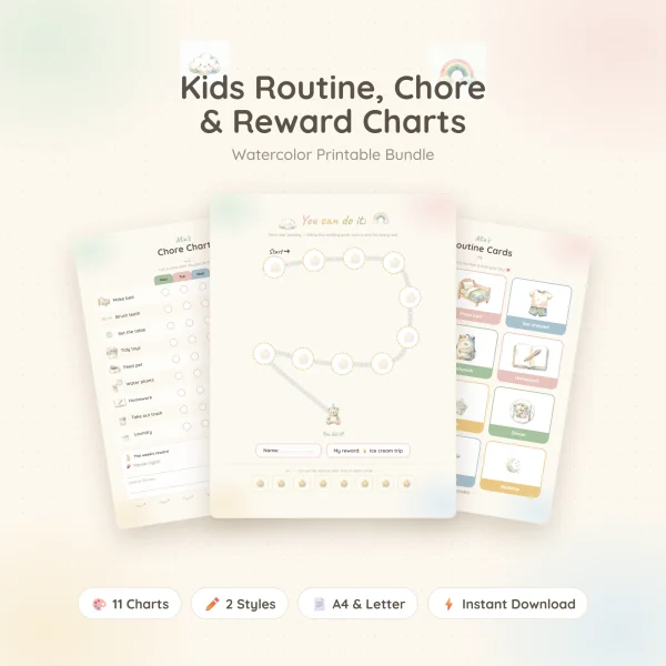 Watercolor routine and reward charts with a winding star path in front, a chore chart on the left and routine cards on the right