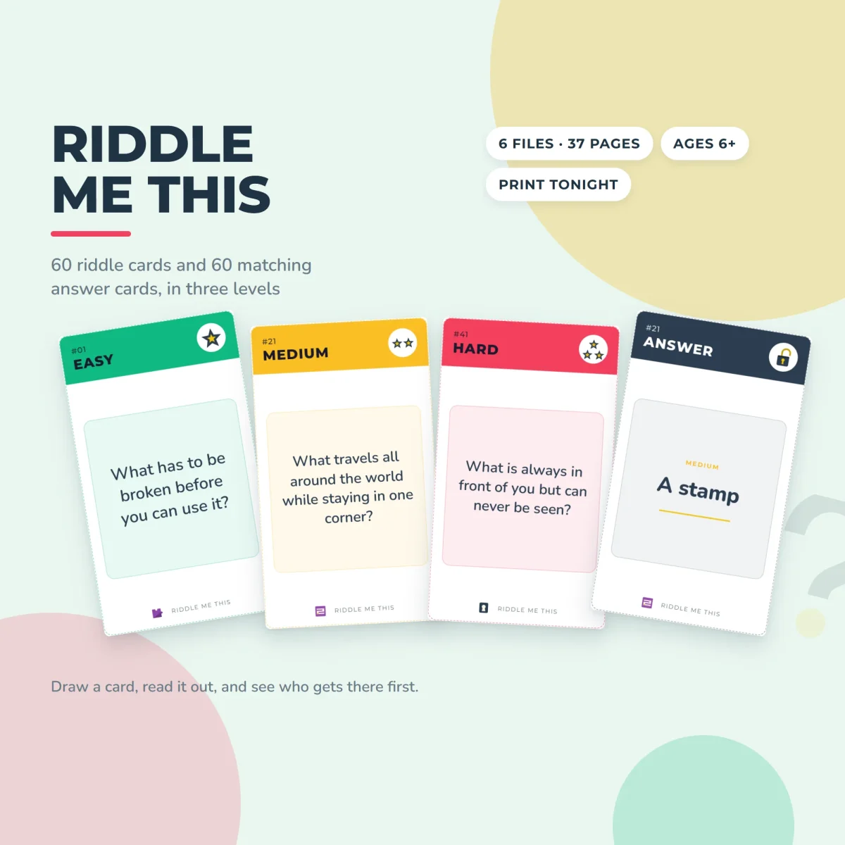 Riddle Me This title above an Easy, a Medium and a Hard riddle card and the answer card reading A stamp