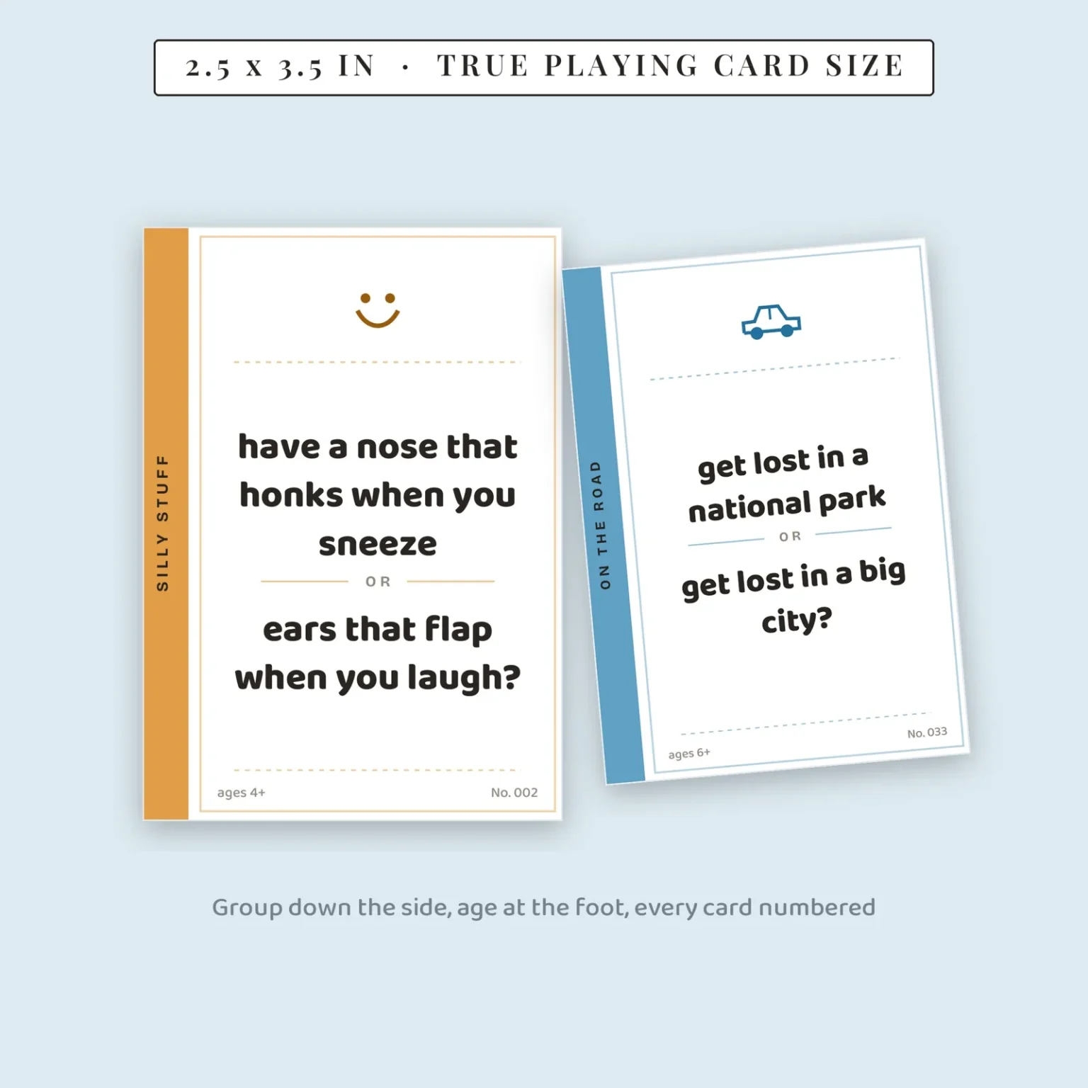 An orange Silly Stuff card about a nose that honks or ears that flap, beside a blue On the Road card about getting lost in a national park or a big city