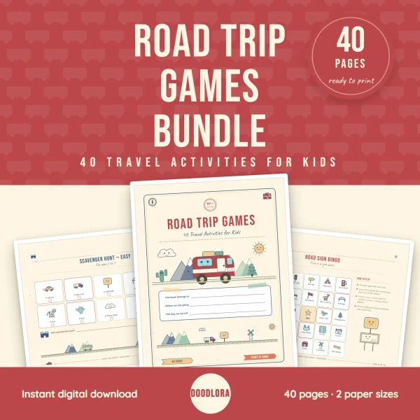 Road Trip Games Bundle cover with a red camper van, fanned over the easy scavenger hunt and road sign bingo pages, marked 40 pages