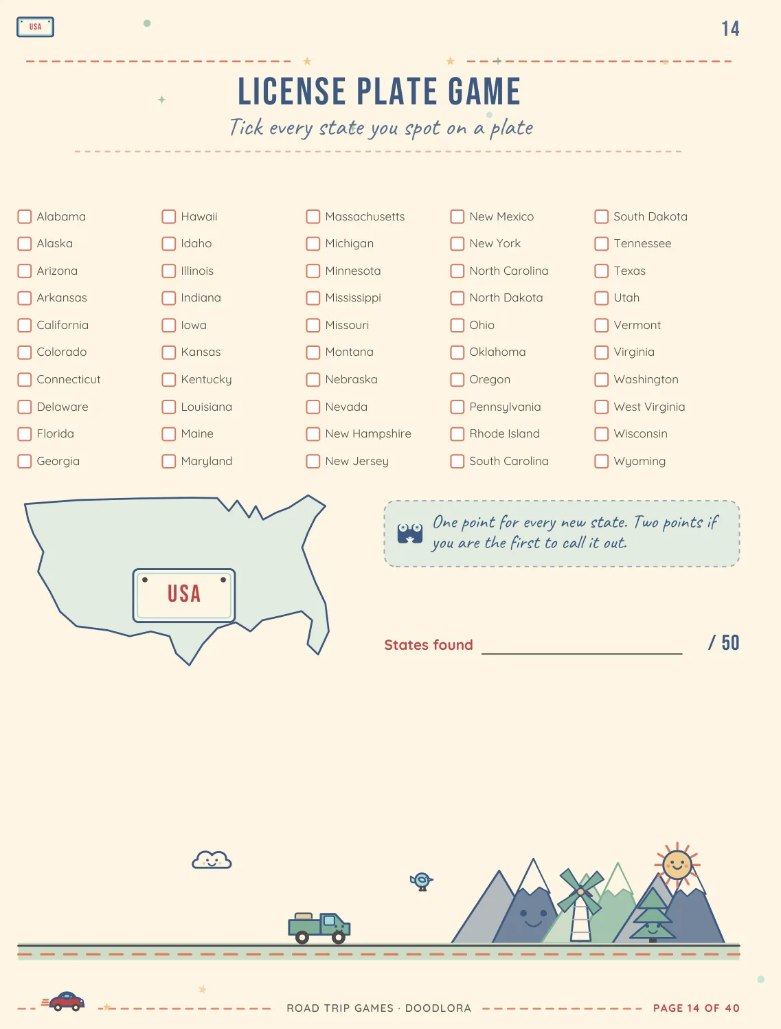 The License Plate Game page with all 50 states from Alabama to Wyoming in five columns of checkboxes, a map outline of the US and a line reading States found out of 50