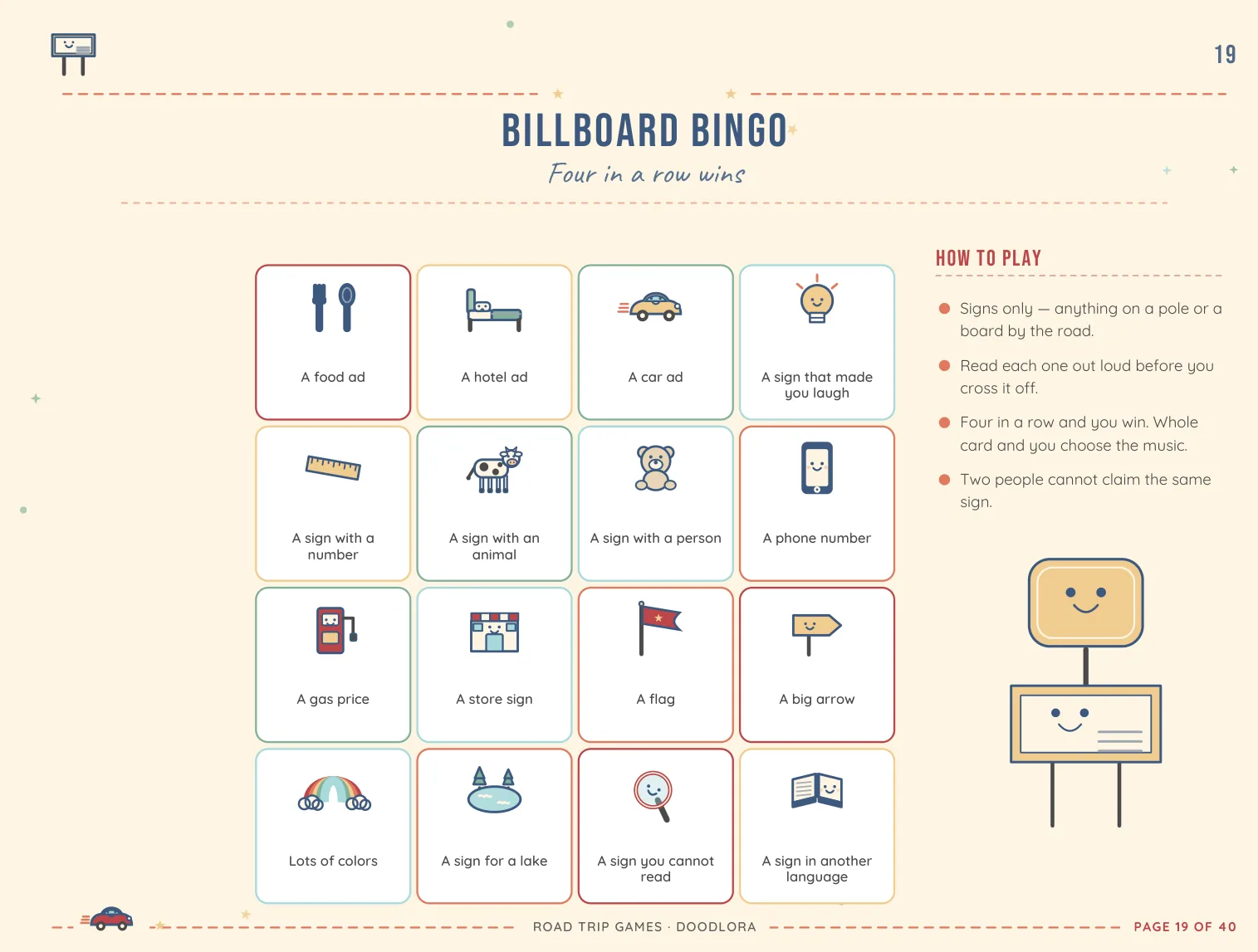 The Billboard Bingo page, a four-by-four grid with squares such as a food ad, a gas price, a sign with an animal and a sign you cannot read, next to a How to Play list