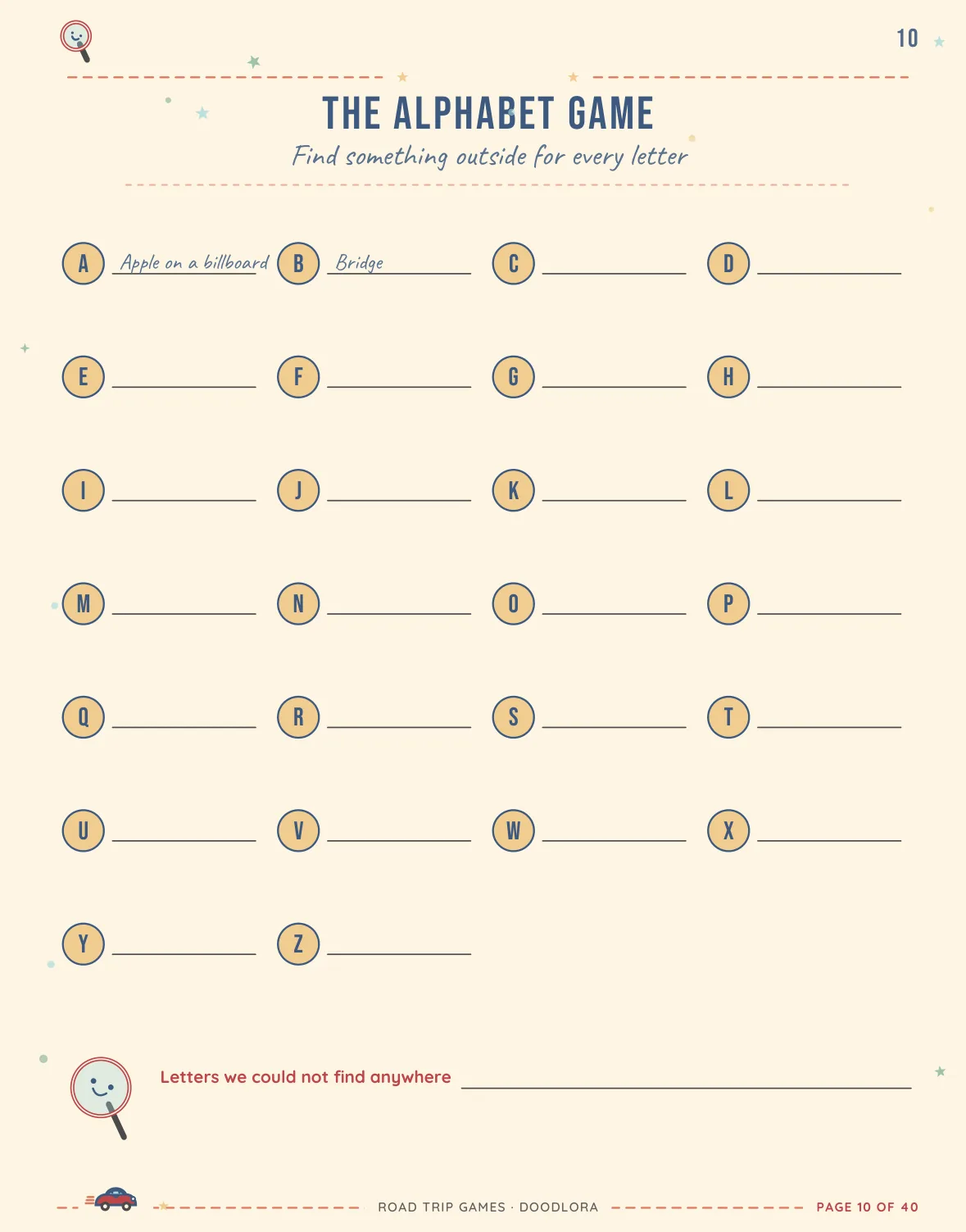 The Alphabet Game page with a line for every letter from A to Z, the first two filled in as Apple on a billboard and Bridge, and a line at the bottom for letters we could not find anywhere