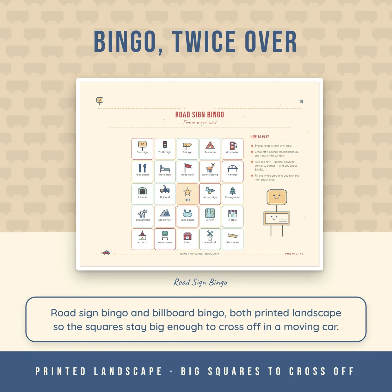 The Road Sign Bingo page, a five-by-five grid of picture squares with a free star in the middle and a How to Play list beside it