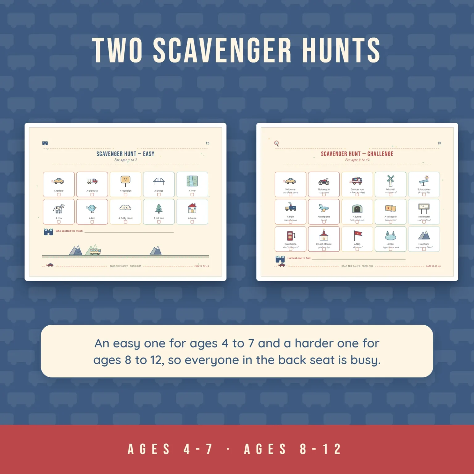 The easy scavenger hunt for ages 4 to 7 with ten picture boxes beside the challenge scavenger hunt for ages 8 to 12 with fifteen boxes