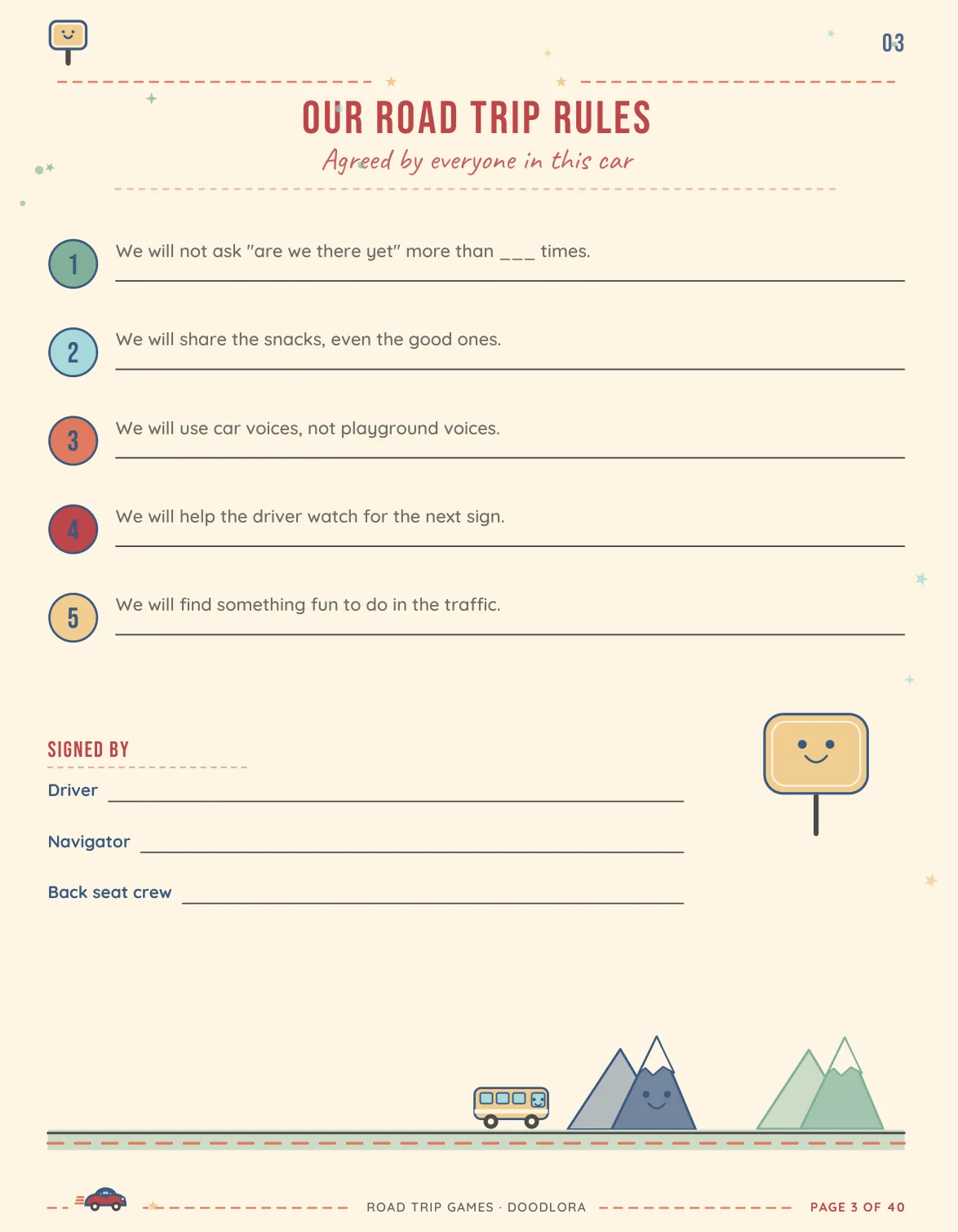 The Our Road Trip Rules page with five numbered rules, including a blank for how many times to ask are we there yet, and signature lines for the driver, the navigator and the back seat crew