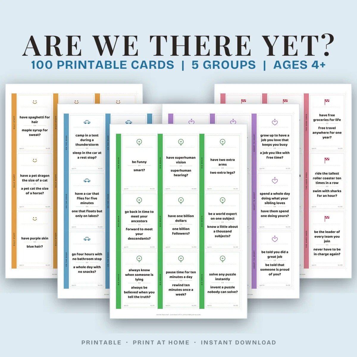 Are We There Yet title over five fanned card sheets in orange, blue, green, purple and red, marked 100 printable cards, 5 groups, ages 4+