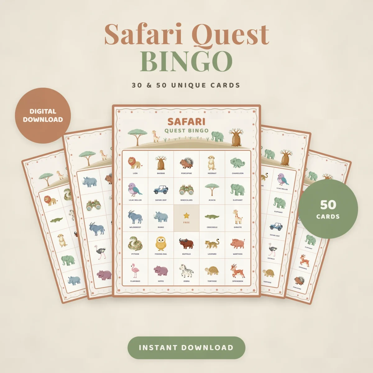 Safari Quest Bingo card with a lion, meerkat, baobab tree and giraffe in a five-by-five grid, fanned over four more cards