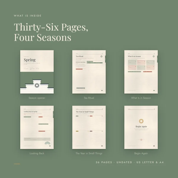 Six pages on a green background, the spring opener, tea ritual, what is in season, looking back, the year in small things and begin again