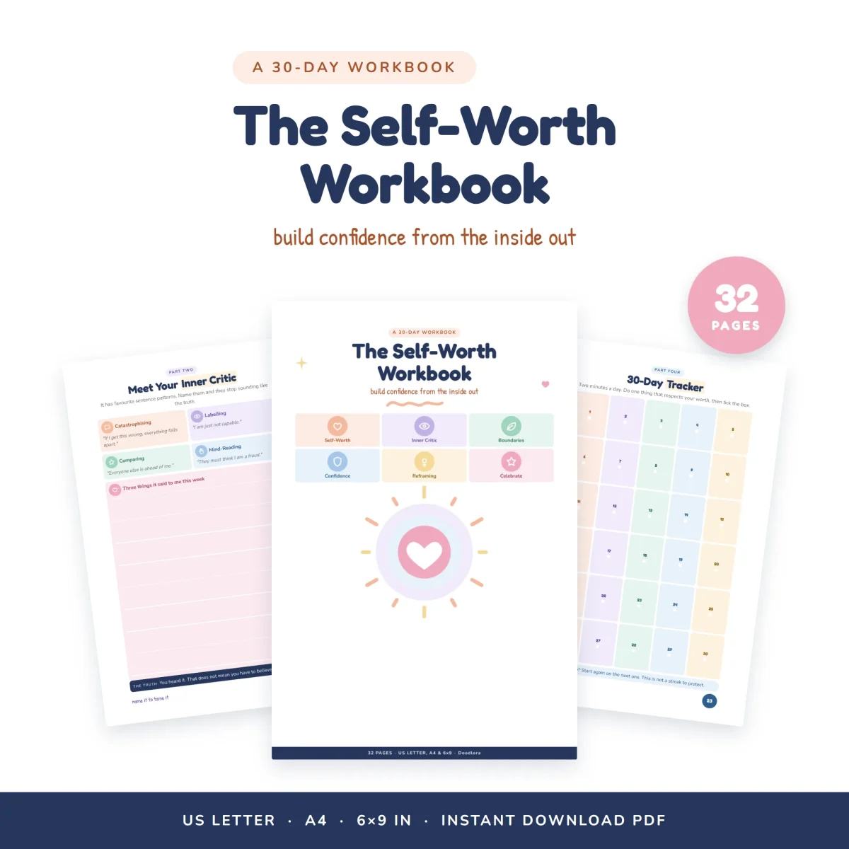 The Self-Worth Workbook cover with six colored topic tiles and a heart, between the inner critic page and the 30-day tracker