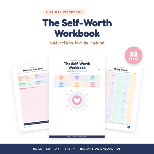 The Self-Worth Workbook cover with six colored topic tiles and a heart, between the inner critic page and the 30-day tracker