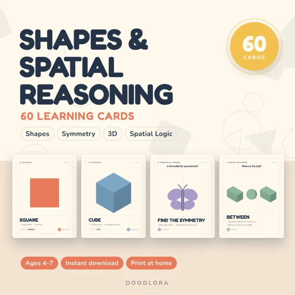 Shapes and Spatial Reasoning cover with square, cube, butterfly symmetry and between cards, marked 60 cards and ages 4-7