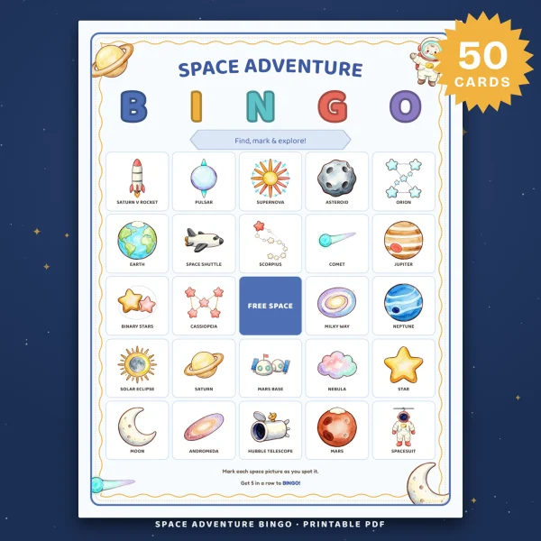 Space Adventure Bingo card with a Saturn V rocket, pulsar, Orion, Jupiter, Cassiopeia and the Hubble telescope around a blue free space