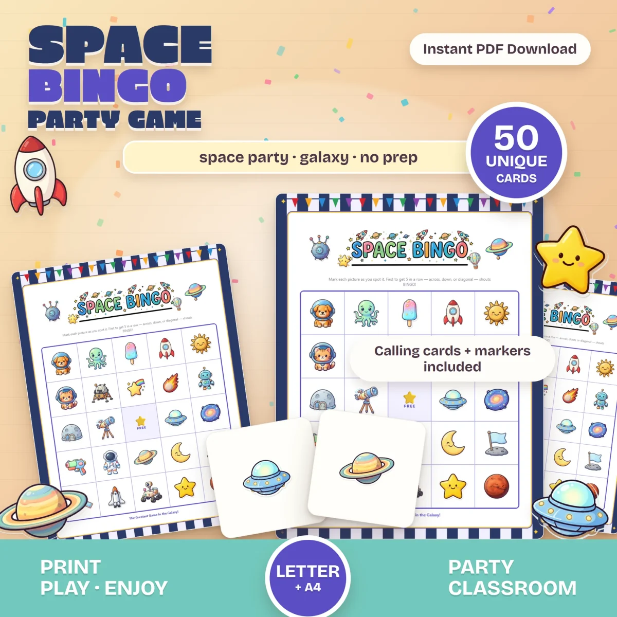 Space Bingo cards with navy-and-white striped borders showing a dog and a cat in helmets, a green alien, a rocket and Saturn, plus UFO and Saturn calling cards