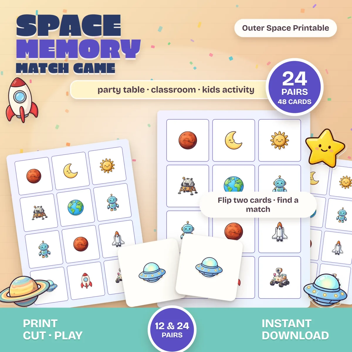 Space Memory Match card sheets with Mars, a moon, a sun, a lunar lander, Earth and a robot, and a matching pair of UFO cards, marked 24 pairs and 48 cards