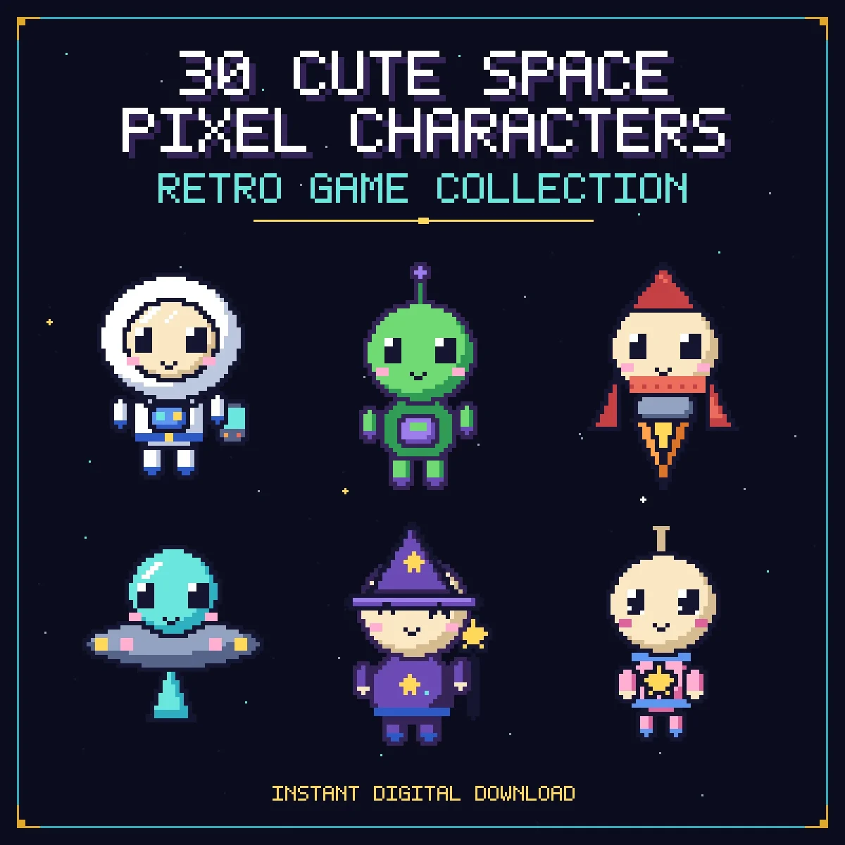 30 Cute Space Pixel Characters title over six sprites, an astronaut, green alien, rocket, UFO, wizard and a baby with an antenna