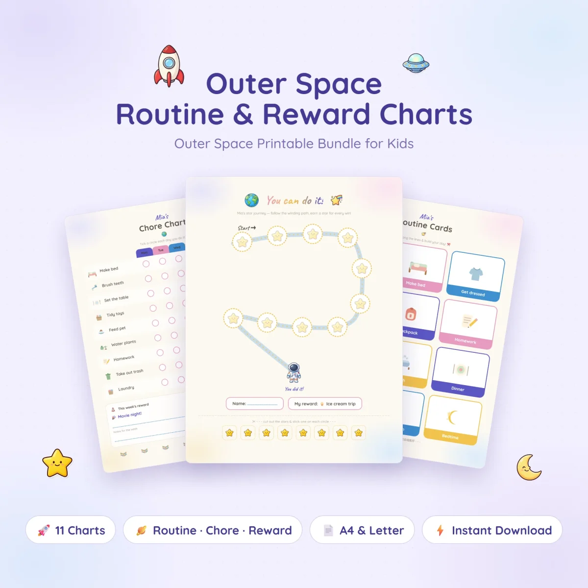 Outer Space routine and reward charts with a star path ending at an astronaut, between a chore chart and routine cards