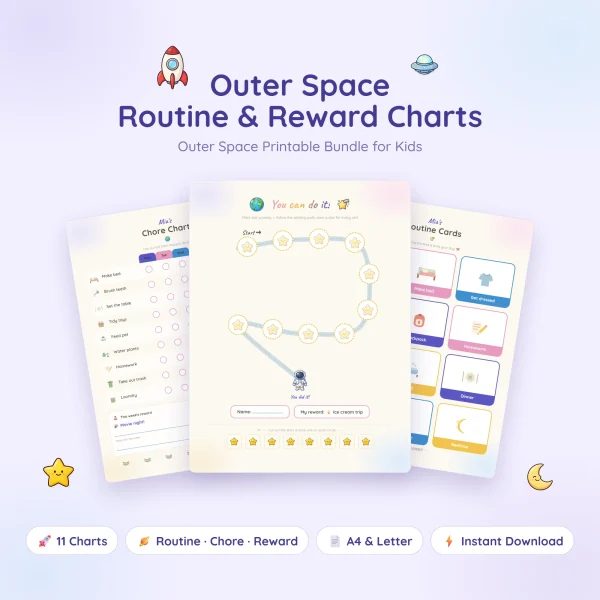 Outer Space routine and reward charts with a star path ending at an astronaut, between a chore chart and routine cards