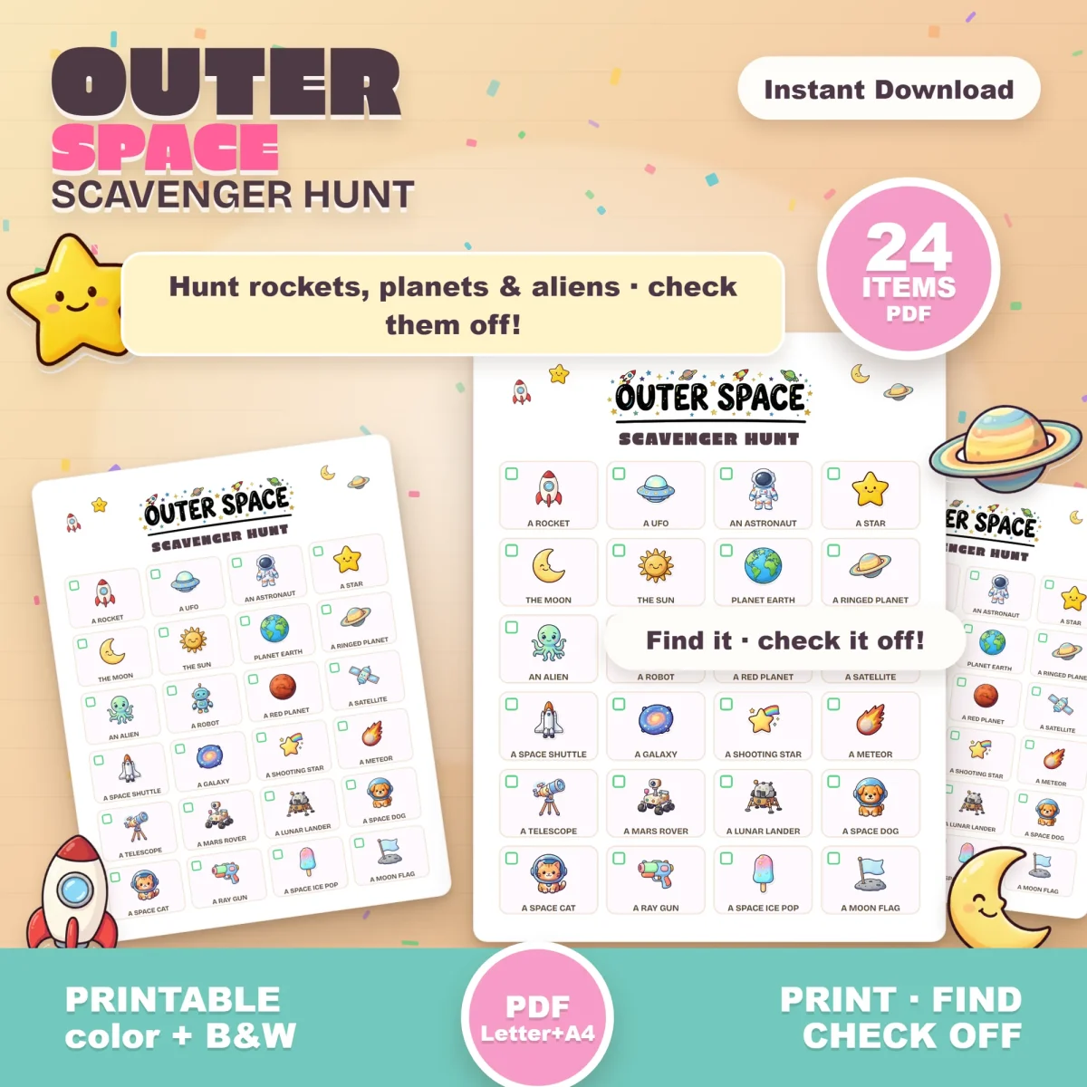 Outer Space scavenger hunt page with 24 pictures such as a rocket, UFO, astronaut, ringed planet and moon flag, marked 24 items