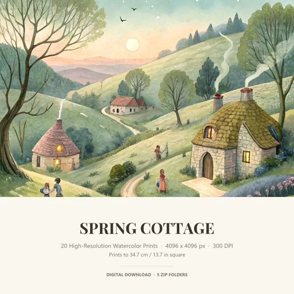 Green spring hills with a round pink-roofed hut, a stone cottage with a mossy roof and people walking a path, above a Spring Cottage title panel