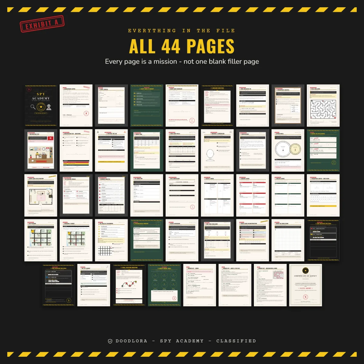 Thumbnails of all 44 pages of the Spy Academy book, several with black backgrounds