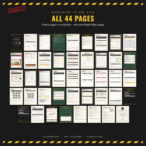 Thumbnails of all 44 pages of the Spy Academy book, several with black backgrounds