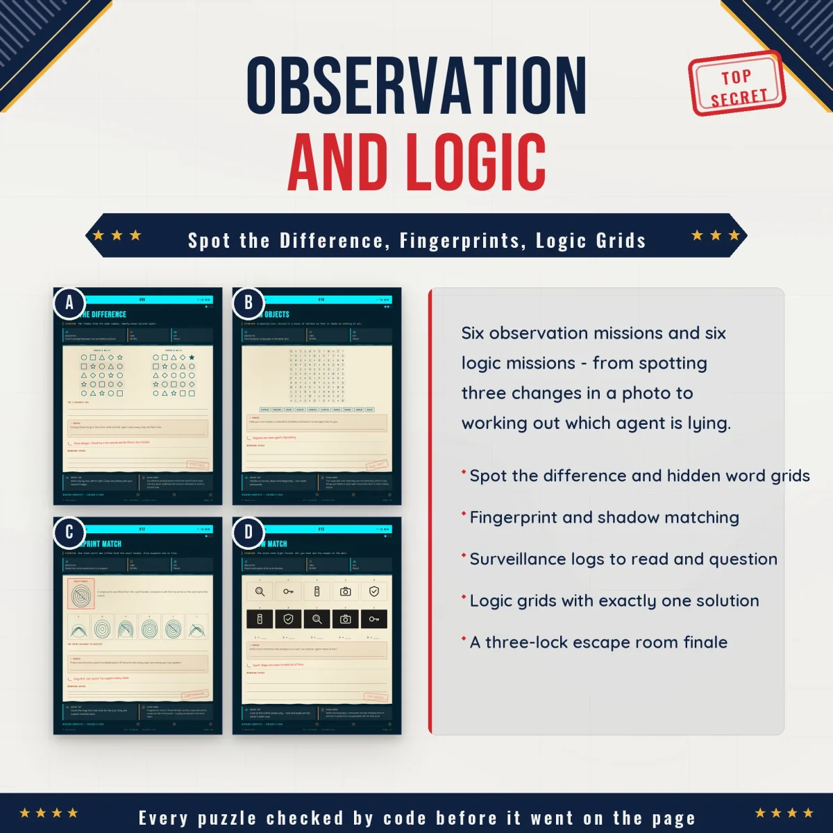 Four observation mission pages for spot the difference, hidden objects, fingerprint match and shadow match, beside a list of the observation and logic missions