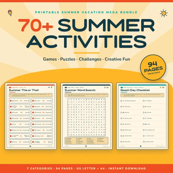70+ Summer Activities cover with the Summer This or That, Summer Word Search and Beach Day Checklist pages, marked 94 pages
