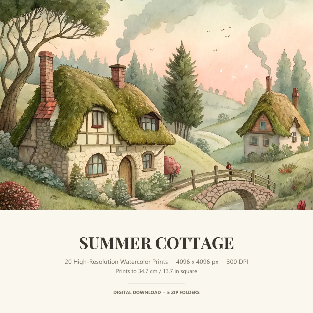 Two cottages with thick green moss-covered thatch and brick chimneys beside a stone footbridge under a pink sky, above a Summer Cottage title panel