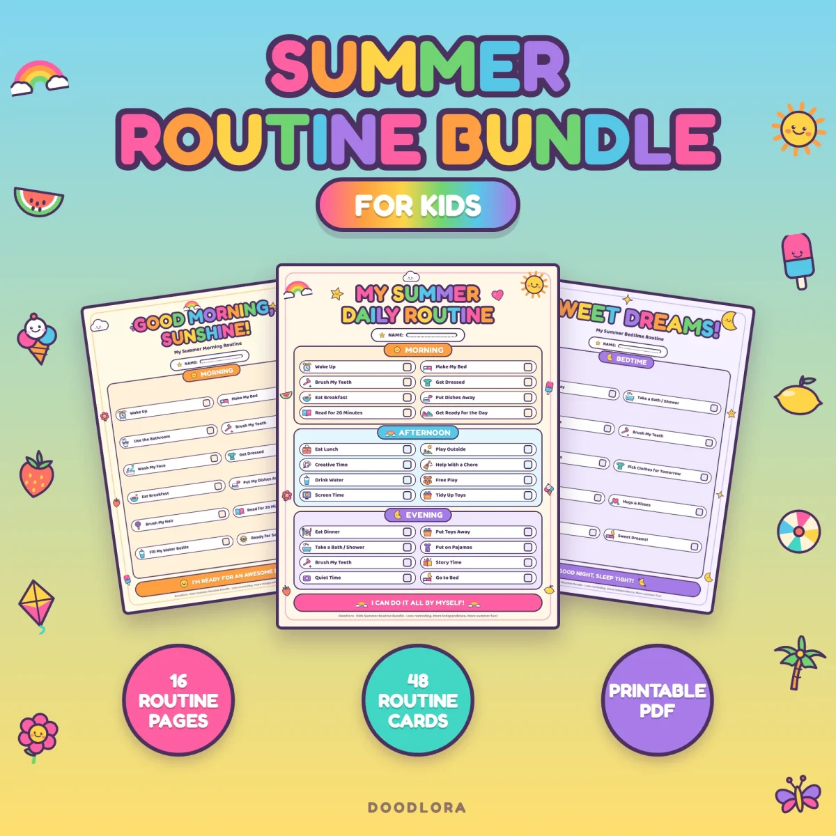 Summer Routine Bundle cover with the daily routine page in front of the morning and bedtime pages, marked 16 routine pages and 48 routine cards