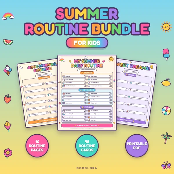 Summer Routine Bundle cover with the daily routine page in front of the morning and bedtime pages, marked 16 routine pages and 48 routine cards