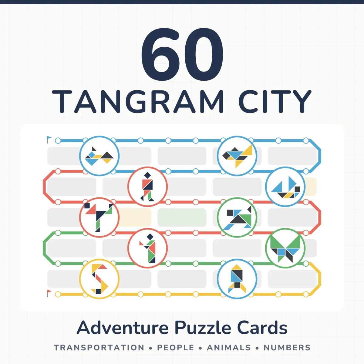 Cover art for 60 Tangram City with a four-color route map and tangram pictures in circles along the lines