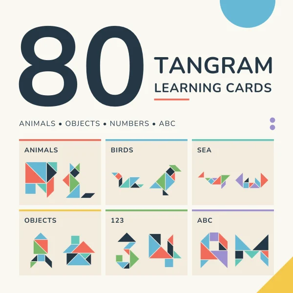 Cover for 80 tangram learning cards with sample animals, birds, sea creatures, objects, numbers and the letters A and M