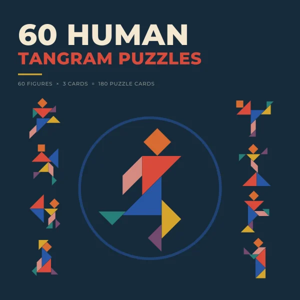A running figure built from seven colored tangram pieces inside a circle, with eight smaller tangram people on either side