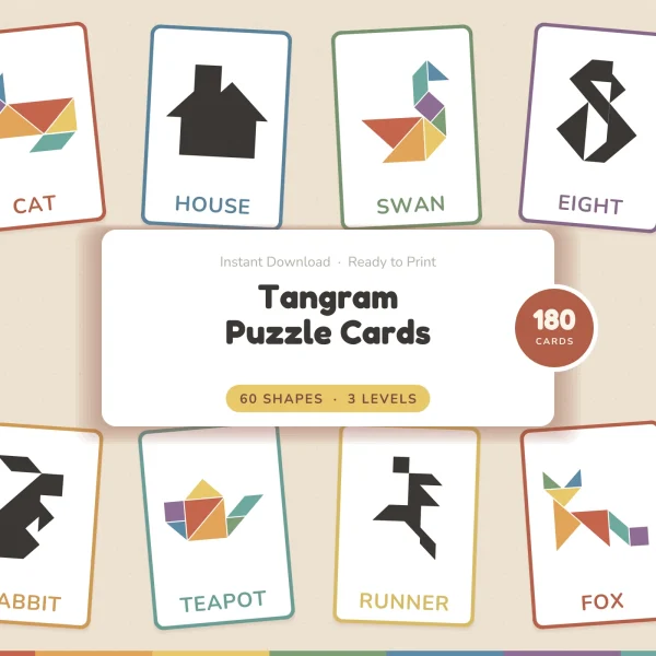 Eight sample cards around a Tangram Puzzle Cards label, some in color like the cat and swan and some as silhouettes like the house and rabbit