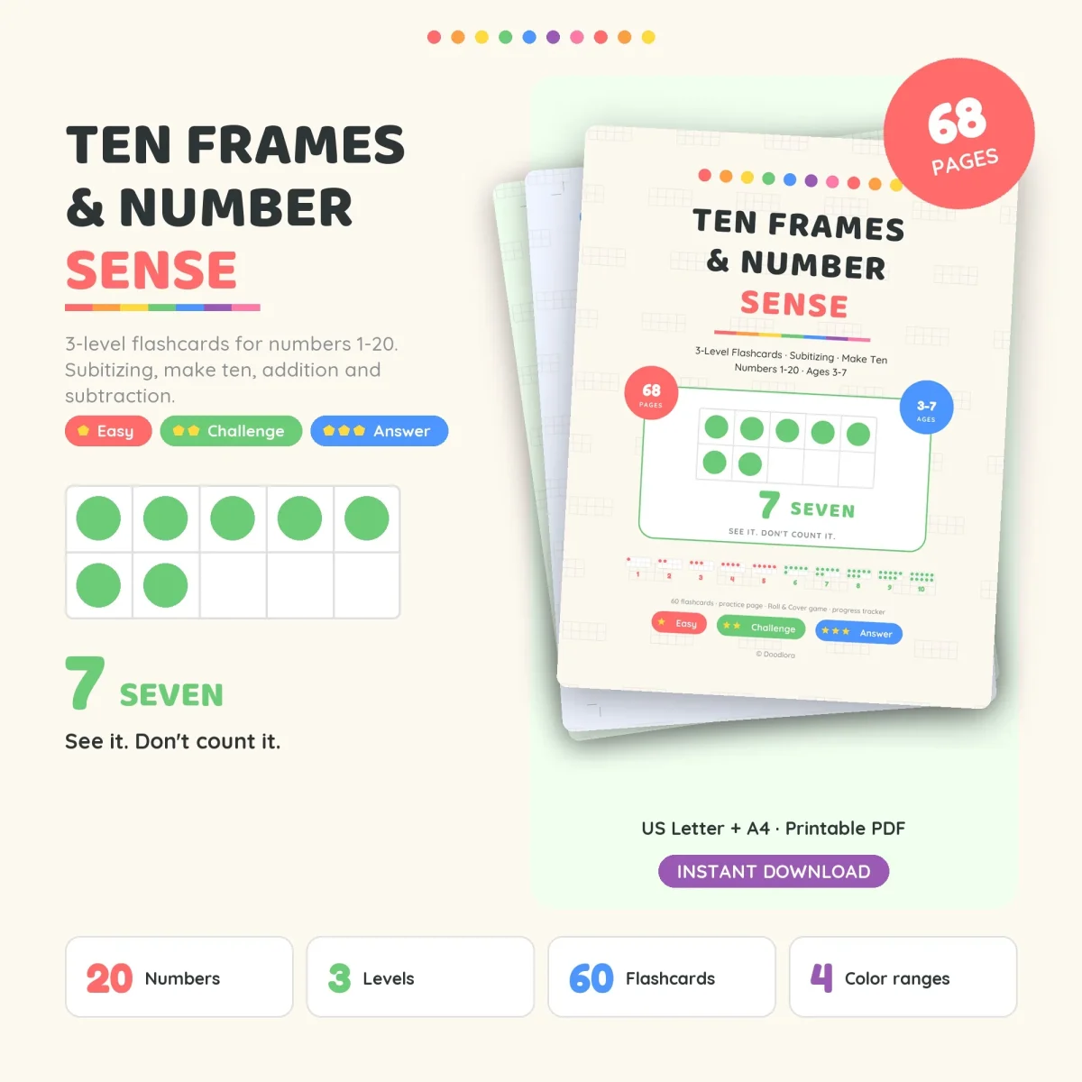 Ten Frames and Number Sense cover with a frame showing seven green dots and the number 7, marked 68 pages